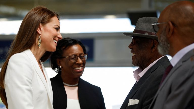 The Duchess of Cambridge talks to Windrush passenger John Richards