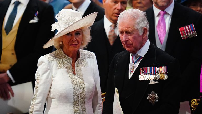 The Duchess of Cornwall and the Prince of Wales during the National Service of Thanksgiving at St Paul&#39;s Cathedral, London, on day two of the Platinum Jubilee celebrations for Queen Elizabeth II. Picture date: Friday June 3, 2022.

