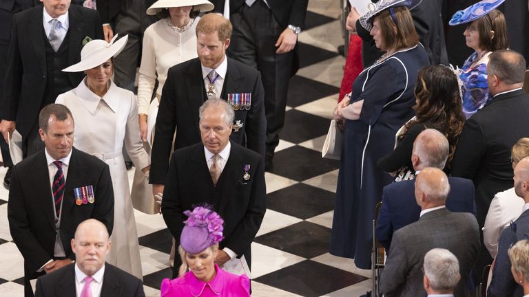 The Duke and Duchess of Sussex, Peter Phillips, the Earl of Snowdon and Zara and Mike Tindall leave the National Service of Thanksgiving at St Paul&#39;s Cathedral, London, on day two of the Platinum Jubilee celebrations for Queen Elizabeth II. Picture date: Friday June 3, 2022.

