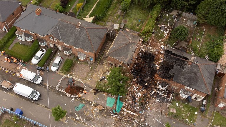 The scene in Dulwich Road, King Standing, Birmingham, where a man suffered life-threatening injuries after an explosion destroyed a home on Sunday and caused damage to other nearby property and vehicles.  Date taken: Monday, June 27, 2022.