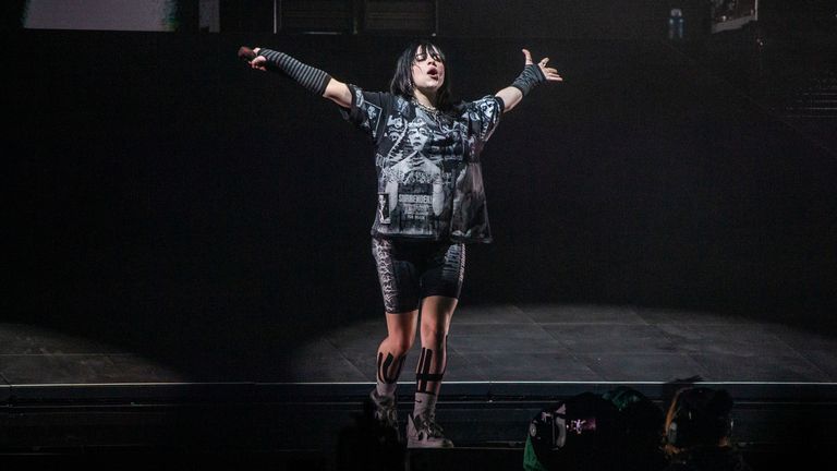 Billie Eilish performs on the main stage of the Pyramid at Glastonbury Festival, in Worthy Farm, Somerset, England, Friday, June 24, 2022. (Photo by Joel C Ryan/Invision/AP)