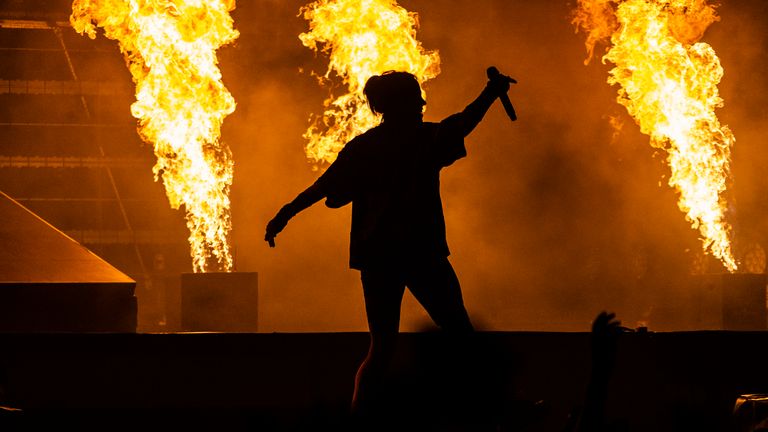 Billie Eilish performs on the main stage of the Pyramid at Glastonbury Festival, in Worthy Farm, Somerset, England, Friday, June 24, 2022. (Photo by Joel C Ryan/Invision/AP)