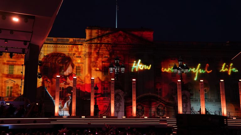 Sir Elton John performs by video link during the BBC&#39;s Platinum Party at the Palace staged in front of Buckingham Palace, London, on day three of the Platinum Jubilee celebrations for Queen Elizabeth II. Picture date: Saturday June 4, 2022.
