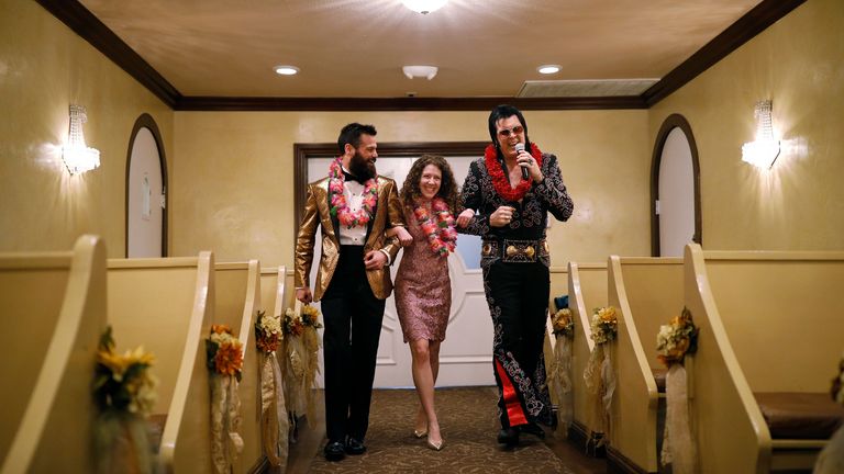 An Elvis impersonator oversees a wedding at the Graceland Wedding Chapel in Las Vegas, which says it has not received a letter. Pic: AP
