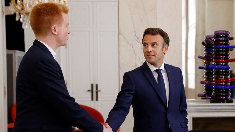 Emmanuel Macron met Adrien Quatennens from far-left opposition party La France Insoumise on Wednesday. Pic: AP