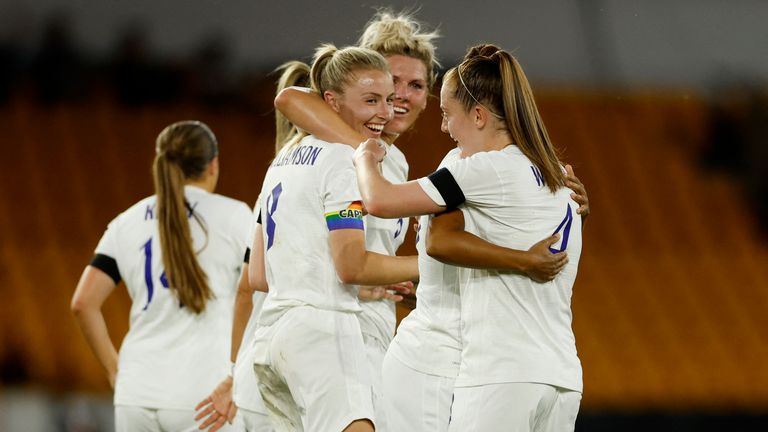 Soccer Football - Women&#39;s International Friendly - England v Belgium - Molineux Stadium, Wolverhampton, Britain - June 16, 2022 England&#39;s Leah Williamson celebrates with teammates after Belgium&#39;s Nicky Evrard scored an own goal and the third for England Action Images via Reuters/Jason Cairnduff