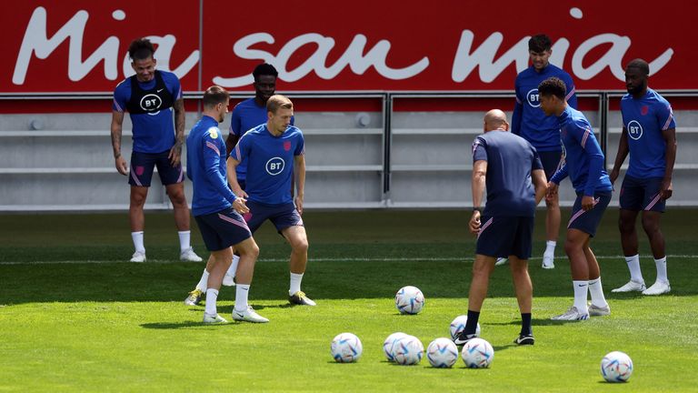 English players in training for the game against Germany