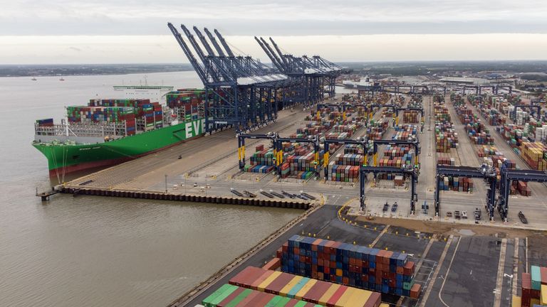 The world&#39;s largest cargo ship Ever Ace, holder of the record for most containers loaded onto a single ship, is unloaded at the Port of Felixstowe in Suffolk, Britain&#39;s biggest and busiest container port. Picture date: Sunday June 19, 2022.

