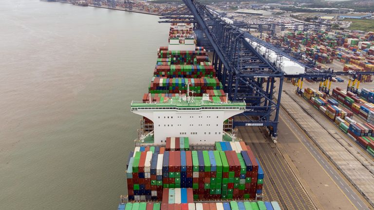 The world&#39;s largest cargo ship Ever Ace, holder of the record for most containers loaded onto a single ship, arrives at the Port of Felixstowe in Suffolk, Britain&#39;s biggest and busiest container port. Picture date: Sunday June 19, 2022.
