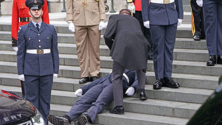 A Military personnel faints ahead of the National Service of Thanksgiving at St Paul&#39;s Cathedral, London, on day two of the Platinum Jubilee celebrations for Queen Elizabeth II. Picture date: Friday June 3, 2022.
