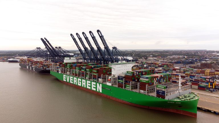 The world&#39;s largest cargo ship Ever Ace, holder of the record for most containers loaded onto a single ship, arrives at the Port of Felixstowe in Suffolk, Britain&#39;s biggest and busiest container port. Picture date: Sunday June 19, 2022.

