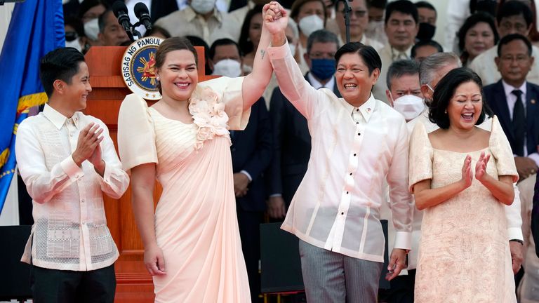President Ferdinand Marcos Jr (center right) and Philippine Vice President Sara Duterte (centre left), during the inauguration ceremony. Pic: AP