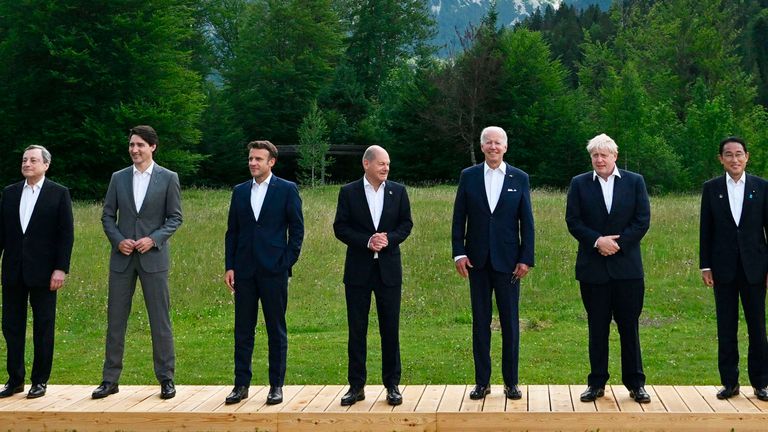 The leaders of the G7 removed their ties while taking part in the traditional photocall.  Photo: AP