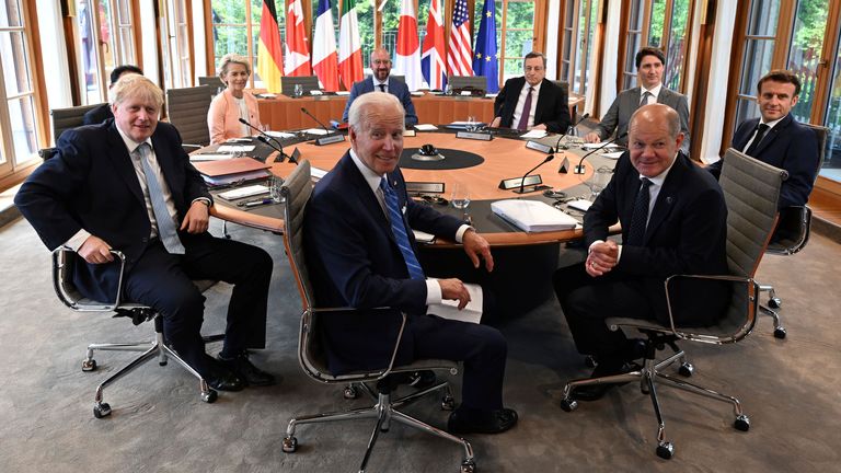 Leaders of the G7 group at Bavaria's Schloss Elmau Castle, near Garmis