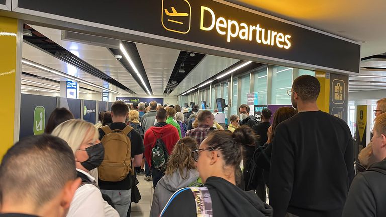 Passengers heading to the departures area at Gatwick today. Pic:  Diego Garcia Rodriguez via PA