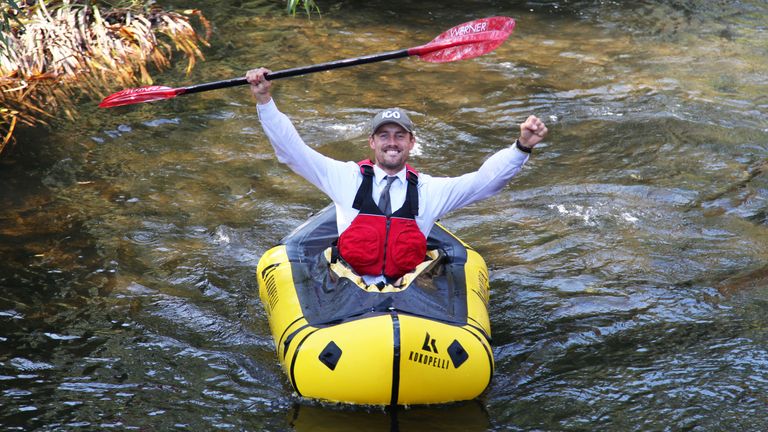WILLIAM LAILEY / CATERS NEWS (PICTURED- George on his journey to work as he kayaks through the beautiful welsh streams) That&#39;s one way to beat rail strikes and rising fuel prices! Fed up commuter George Bullard has found a novel way to get to work - by kayaking down the river. Explorer George Bullard paddles to work on an inflatable kayak. George, 33, doesn&#39;t have to worry about the rising fuel costs or train strikes, knowing he will always be able to get to work. George explains: "It is an exceptional way to get to work. I paddle in and back like any normal commuter and because the kayak is blow-up I can just deflate it and put it in my backpack although it&#39;s a stretch to say I blend in. SEE CATERS COPY.