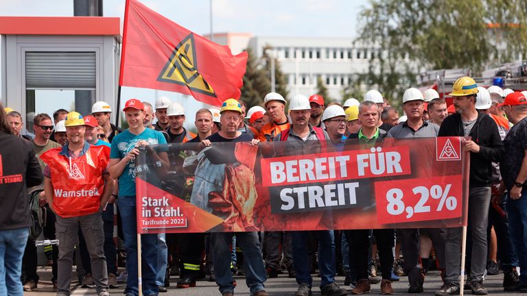 German steel workers demand better pay in a protest last week. Pic: AP
