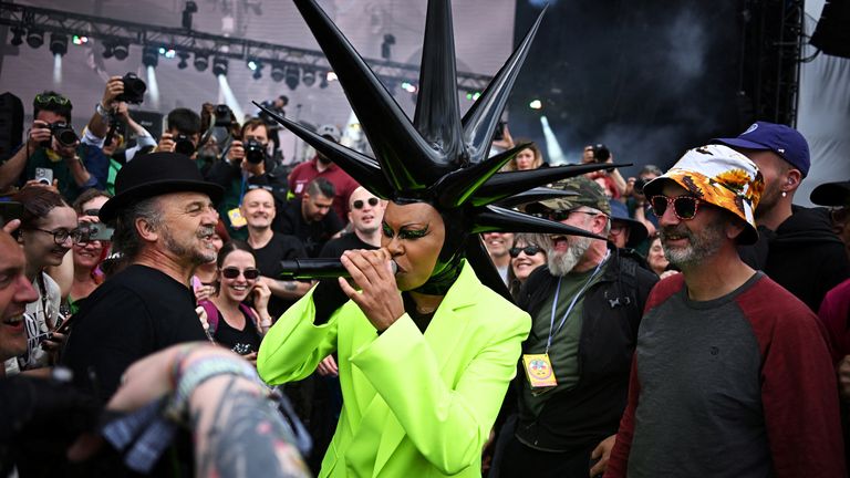 Skin, Skunk Anansie singer, performs in the crowd on the Pyramid stage at Worthy Farm in Somerset during the Glastonbury Festival in Britain, June 25, 2022. REUTERS/Dylan Martinez
