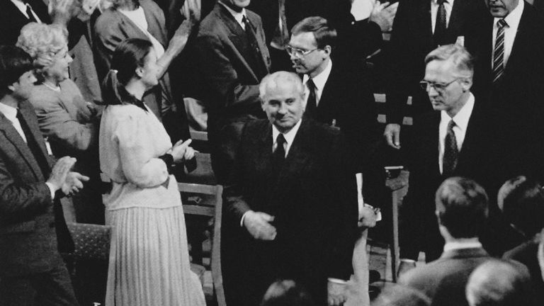 Mikhail Gorbachev receives applause from the audience in Oslo as he enters to deliver a Nobel lecture in 1991, a year after winning the Peace Prize. Pic: AP