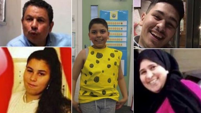 Grenfell victims Mehdi El-Wahabi (centre),  his father Abdulaziz (top left), mother Faouzia (bottom right), brother Yasin, 20 (top right), and sister Nur Huda, 15 ( bottom left)