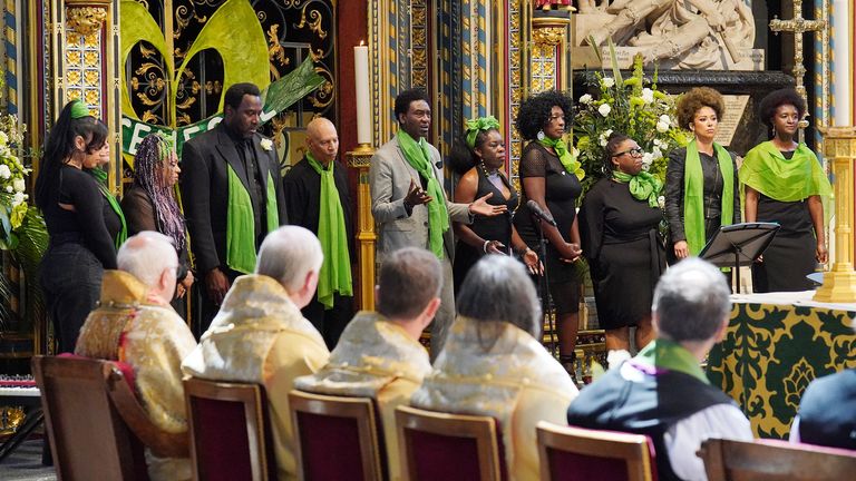 A community choir performs at the Grenfell fire memorial service at Westminster Abbey in London, in remembrance of those who died in the Grenfell Tower fire on June 14 2018. Picture date: Tuesday June 14, 2022.