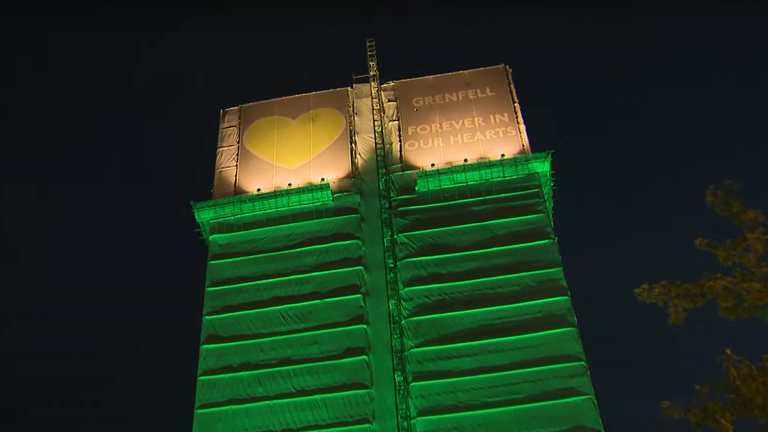 Grenfell Tower lights up green