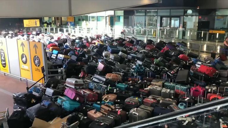 A pile of luggage was seen at Heathrow Terminal 2 on Friday evening.