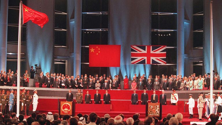 The handover ceremony in 1997 attended by dignitaries and other guests from around the world after the Union Jack was lowered at the Hong Kong Convention Centre on 1 July. Pic: AP
