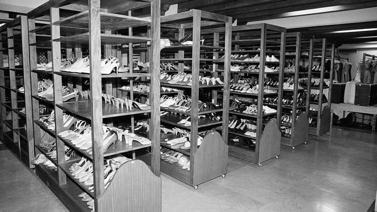 The originally estimated 3,000 pairs of shoes in a specially built closet said to have been owned by Imelda Marcos, after protesters ransacked the presidential palace during a revolution. Pic: AP