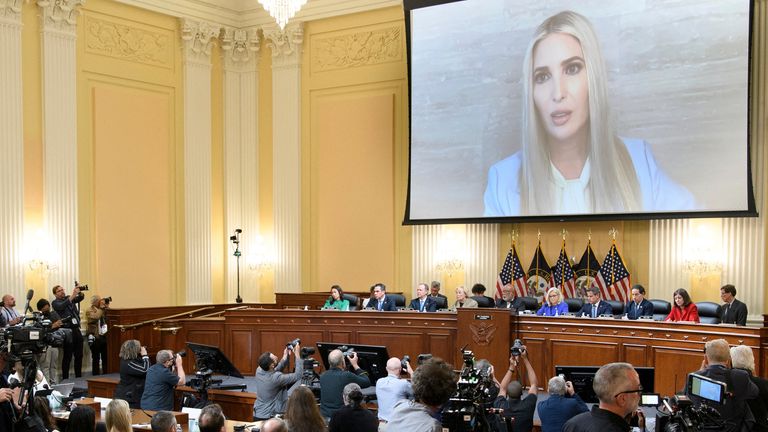 An image of Ivanka Trump is seen on a screen as the House select committee investigating the Jan. 6 attack on the U.S. Capitol holds its first public hearing to reveal the findings of a year-long investigation, on Capitol Hill in Washington, U.S., June 9, 2022. Mandel Ngan/Pool via REUTERS