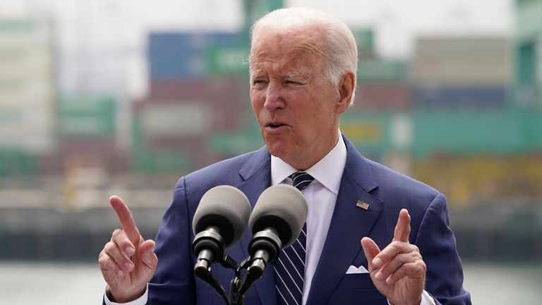 President Joe Biden speaks about inflation and supply chain issues at the Port of Los Angeles, Friday, June 10, 2022, in Los Angeles. (AP Photo/Damian Dovarganes)


