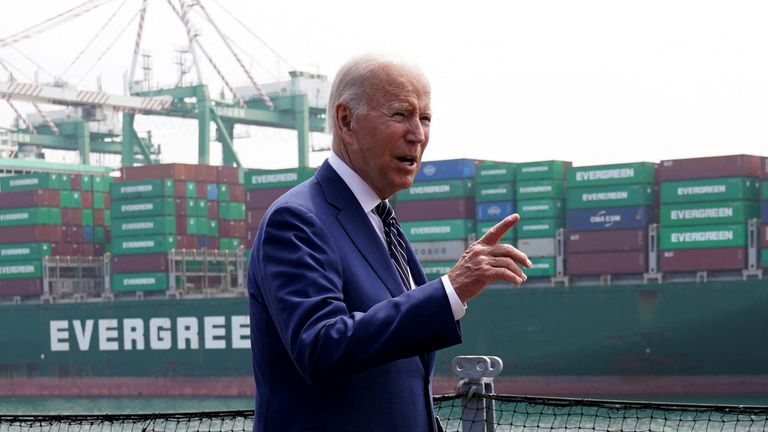 U.S. President Joe Biden walks after speaking during a visit to the Port of Los Angeles, during the Ninth Summit of the Americas in Los Angeles, California, U.S., June 10, 2022. REUTERS/Kevin Lamarque
