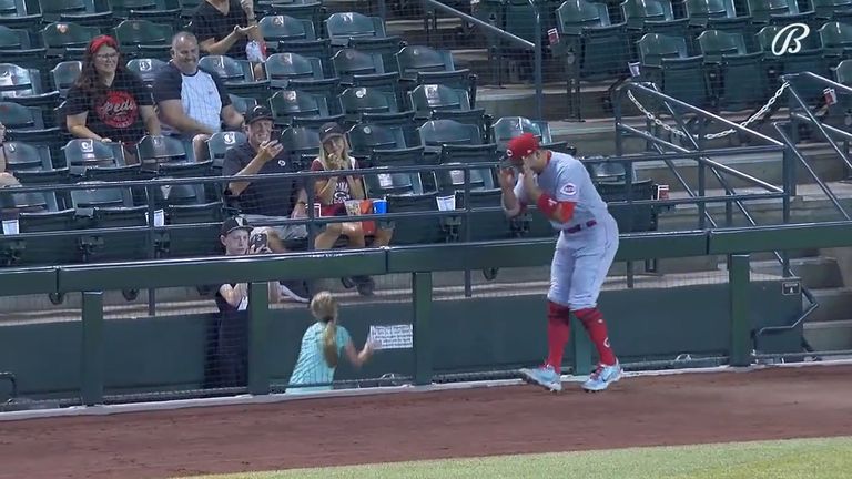 Cincinnati Reds first baseman Joey Votto performs a TikTok with fan Jean Parks, 12, in Arizona. Pic: Bally Sports Ohio