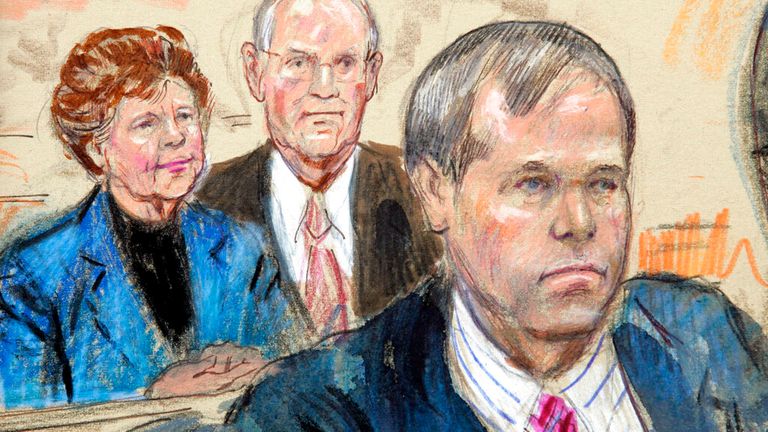 An artist impression of Hinckley Jr and his parents in court in 2004 Pic: AP 