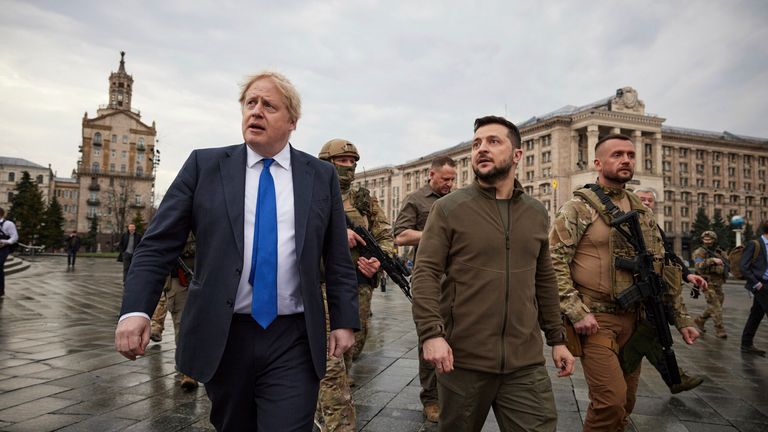 Boris Johnson travelled to Ukraine to meet its president Volodymyr Zelenskyy after the invasion of the country by Russia. Pic: AP