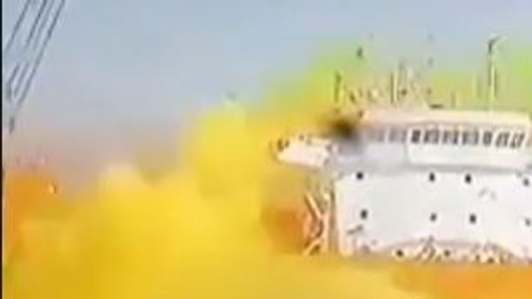 Yellow chlorine gas engulfs boat killing dozens in Aqaba, Jordan.