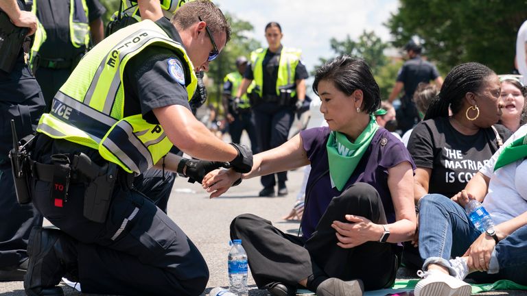 Rep. Judy Chu, D-Calif., is arrested by Capitol Police with over a hundred people during an act of civil disobedience during a protest for abortion-rights, Thursday, June 30, 2022, in Washington. (AP Photo/Jacquelyn Martin)


