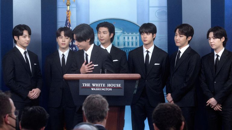 Members of the K-Pop band BTS (not in order) Kim Taehyung, Kim Seokjin, Jeon Jeongguk, Kim Namjoon, Park Jimin, Jung Hoseok and Min Yoon-gi makes statements against anti-Asian hate crimes and for inclusion and representation during the daily briefing at the White House in Washington, U.S., May 31, 2022.