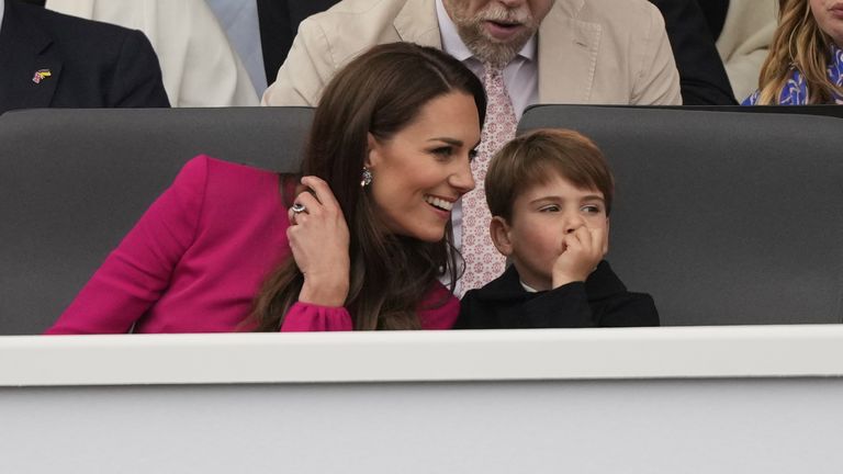 The Duchess of Cambridge, Prince Louis, Princess Charlotte, (second row) Mike Tindall, Mia Tindall and Lena Tindall (third row) Victoria Starmer and Labour leader Keir Starmer during the Platinum Jubilee Pageant in front of Buckingham Palace, London, on day four of the Platinum Jubilee celebrations. Picture date: Sunday June 5, 2022.
