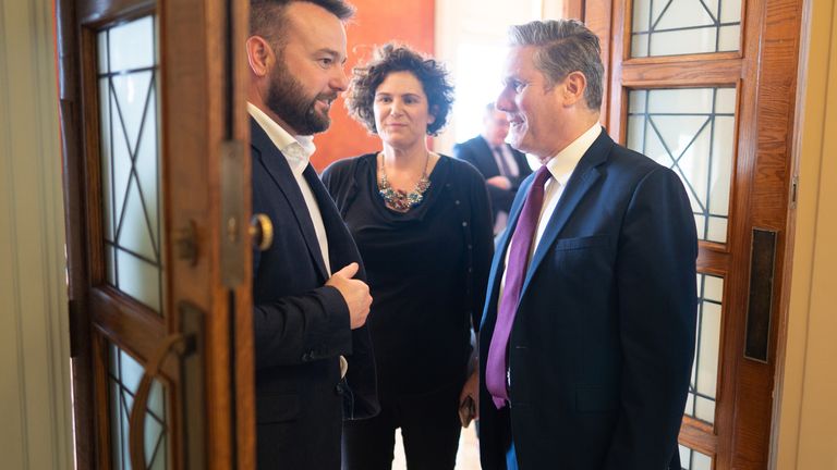 Labour leader Sir Keir Starmer (far right) meets with Colum Eastwood and Claire Hanna of the SDLP at Stormont Parliament Buildings in Belfast where he is holding meetings with leaders of political parties during the final day of his three day visit to Dublin and Belfast. Picture date: Friday June 10, 2022.
