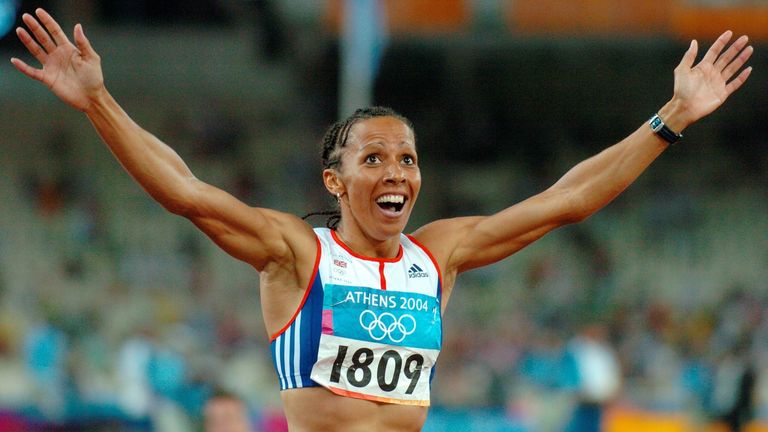 Kelly Holmes from Great Britain jubilates as she crosses the finish line first to win the gold medal in the women&#39;s 800m at the 2004 Olympic Games in Athens, Greece, 23 August 2004. Pic Associated Press