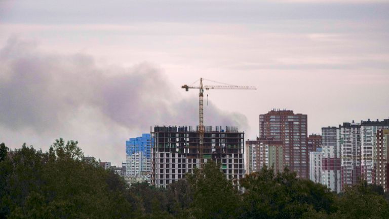 Smoke rises after Russian missile strikes in Kyiv, Ukraine, Sunday, June 5, 2022. (AP Photo/Natacha Pisarenko)