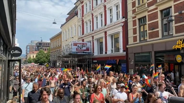 People took to the streets of Oslo to show support for the LGBT community, a day after a deadly shooting at a gay nightclub. 