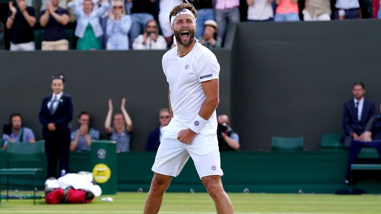 Liam Broady celebrates winning his Gentlemen&#39;s singles second round match against Diego Schwartzman during day four of the 2022 Wimbledon Championships at the All England Lawn Tennis and Croquet Club, Wimbledon. Picture date: Thursday June 30, 2022.
