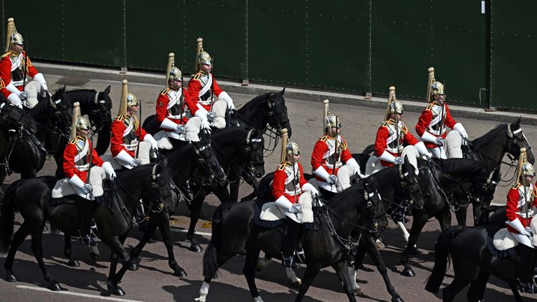 Members of Life Guards, a regiment of the Household Cavalry, take part in the Trooping the Colour parade, during the celebrations for Britain&#39;s Queen Elizabeth&#39;s Platinum Jubilee, in London, England June 02, 2022. Paul Ellis/Pool via REUTERS
