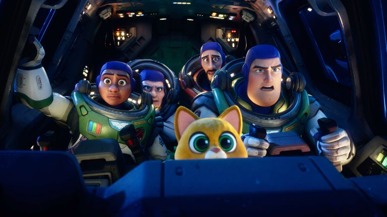 Undated Handout Photo from Lightyear. Pictured: (L-R) Izzy Hawthorne (voiced by Keke Palmer), Darby Steel (voiced by Dale Soules), Taika Waititi (voiced by Mo Morrison), Sox (voiced by Peter Sohn) and Buzz Lightyear (voiced by Chris Evans).  
PIC: Disney/Pixar