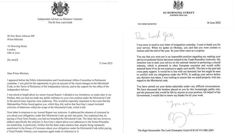 (lt-Rt) Lord  Geidt and Boris Johnson Letters