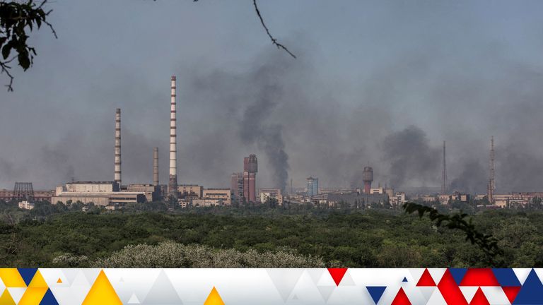 FILE PHOTO: Smoke rises after a military strike on a compound of Sievierodonetsk&#39;s Azot Chemical Plant, amid Russia&#39;s attack on Ukraine, Lysychansk, Luhansk region, Ukraine June 10, 2022. Picture taken June 10, 2022. REUTERS/Oleksandr Ratushniak/File Photo