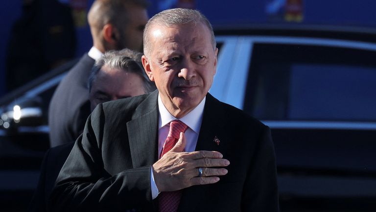 Turkish President Tayyip Erdogan arrives for a NATO summit in Madrid, Spain June 29, 2022. REUTERS/Nacho Doce
