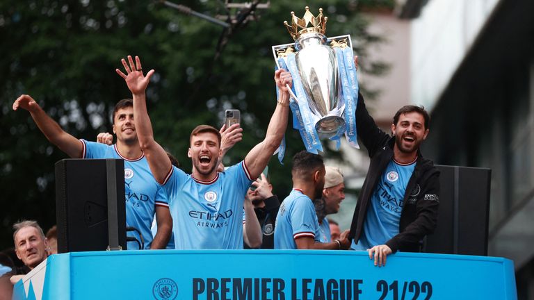 Manchester City celebrate winning the Premier League title last May